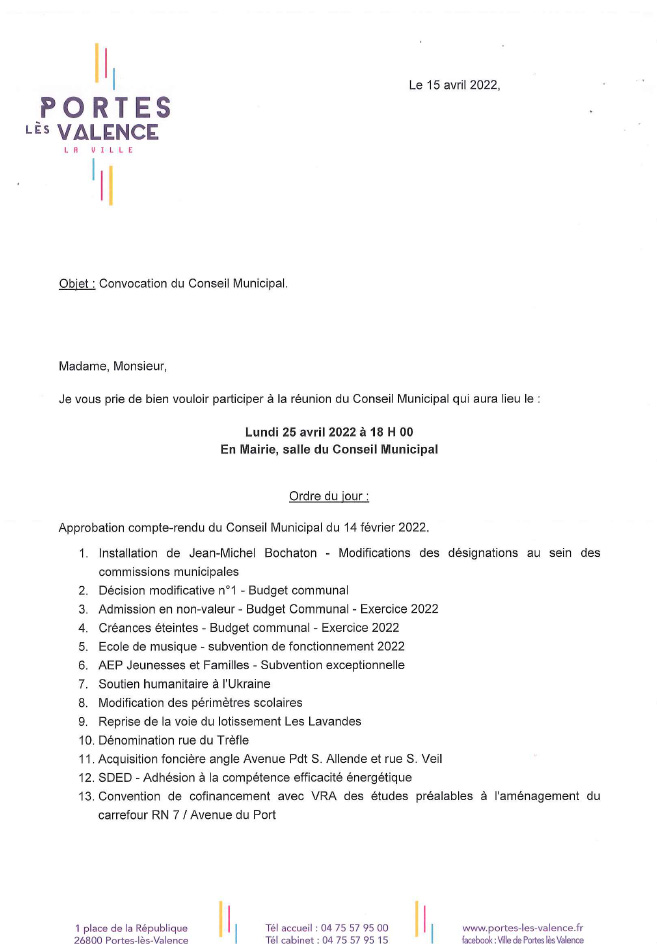 Ordre du jour du conseil municipal du 15-04-2024