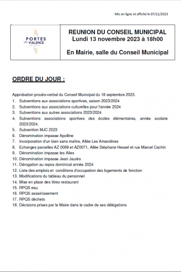 Ordre du  jour du conseil municipal du 13-11-2023