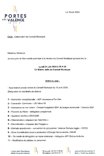 Ordre du jour du conseil municipal du 24-06-2024