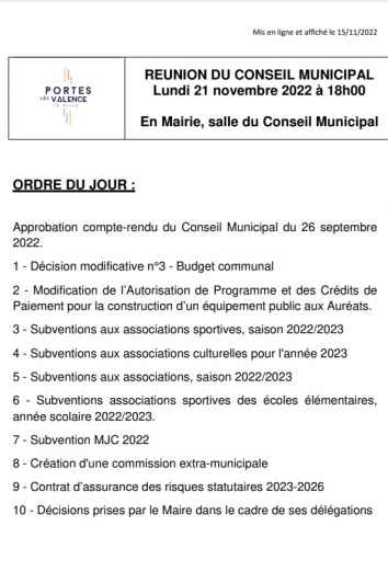 Ordre du jour du conseil municipal du 21-11-2022