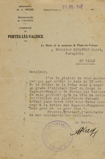 Document : nomination de M; Béranger adjudant chef des pompiers