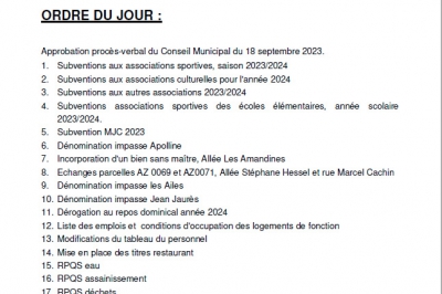 Ordre du  jour du conseil municipal du 13-11-2023