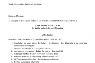 Ordre du jour du conseil municipal du 15-04-2024